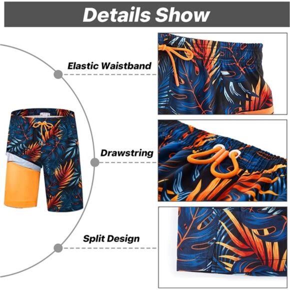 2 in 1 Men's Swim Trunks 9 with Zipper Pockets Bathing Suit Built-in Beach Short - Picture 6 of 6